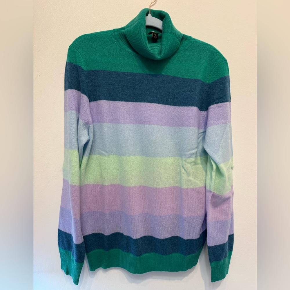 Charter Club Women's Striped Cashmere Turtleneck Sweater Peacock Green Combo - Picture 4 of 7